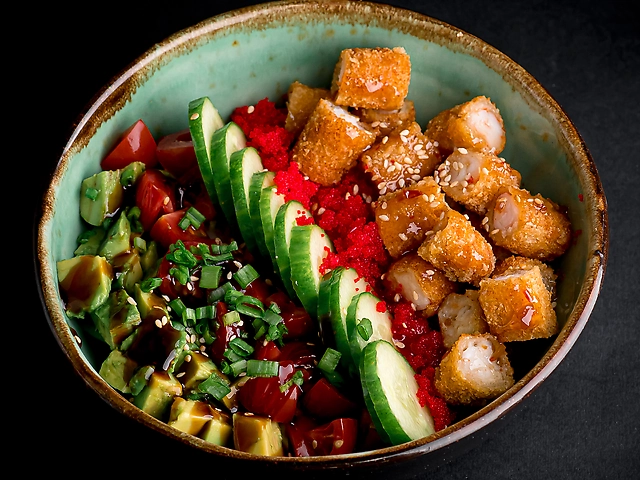 Bowl with tempura shrimp