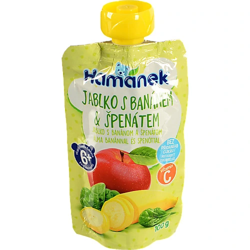 Пюре для дітей від 6міс фруктово-овочеве Яблуко з бананами та шпинатом Hamanek д/п 100г