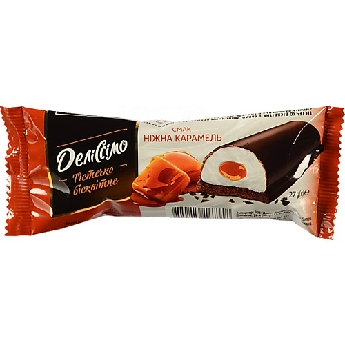 Тістечко бісквітне з какао молочним кремом та наповнювачем в глазурі Ніжна карамель Деліссімо м/у 27г