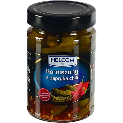 Корнішони Helcom 327мл з перцем чилі