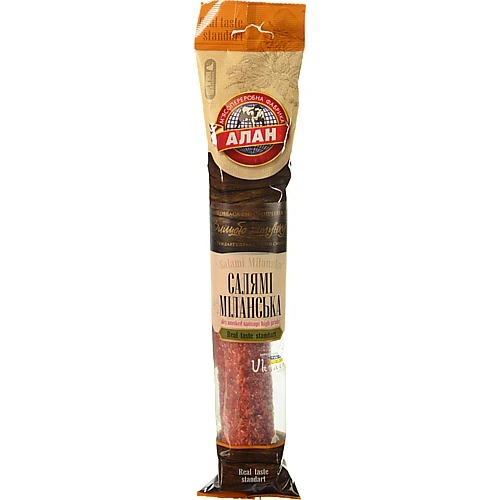 Ковбаса [Аланk [Міланськаk салямі сирокопчена, вакуумна упаковка