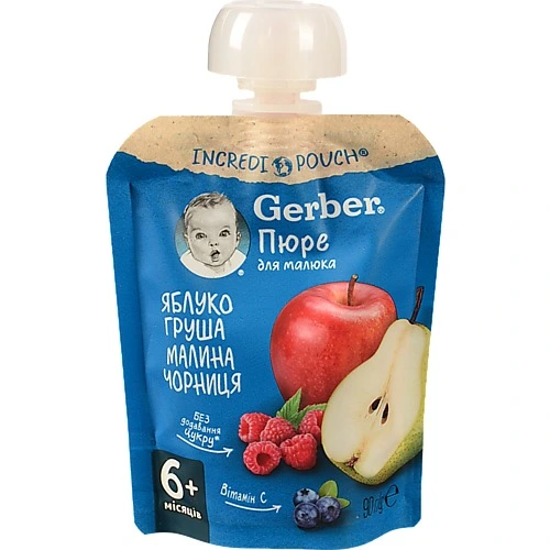 Пюре для дітей від 6міс Яблуко, груша, малина і чорниця Gerber д/п 90г