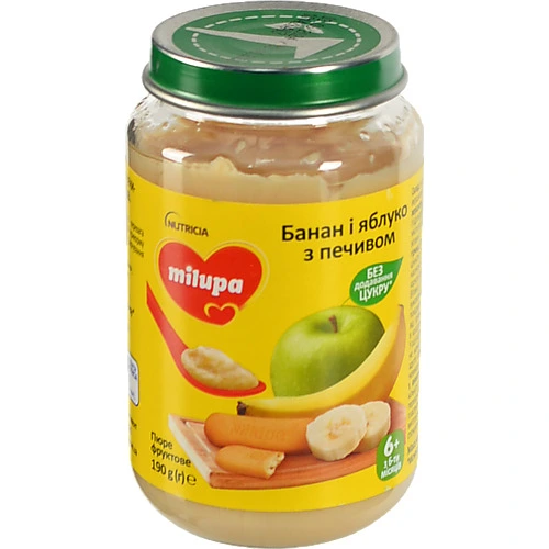 Пюре фруктове для дітей від 6міс Банан і яблуко з печивом Milupa с/б 190г