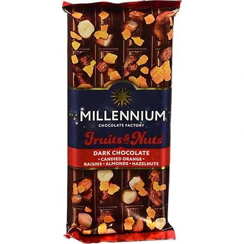 Шоколад чорний з мигдалем цілими лісовими горіхами апельсиновими цукатами та родзинками Fruits&Nuts Millennium м/у 90г