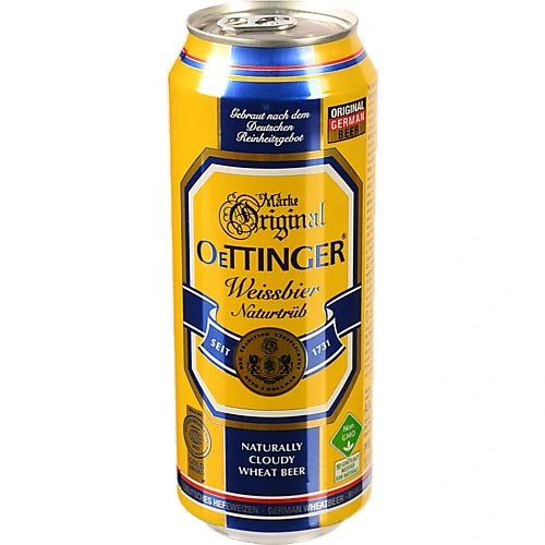 Пиво Oettinger 0.5л 4.9% світле нефільтроване пастеризоване Weissbier з/б