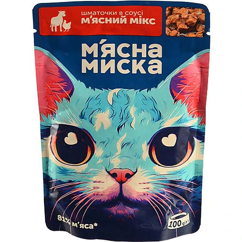 Корм консервований повнораціонний для дорослих котів шматочки в соусі М'ясний мікс М'ясна Миска д/п 100г