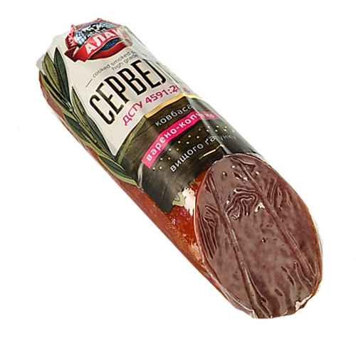 Ковбаса [Аланk [Сервелатk варено-копчена, вакуумна упаковка, вищий ґатунок