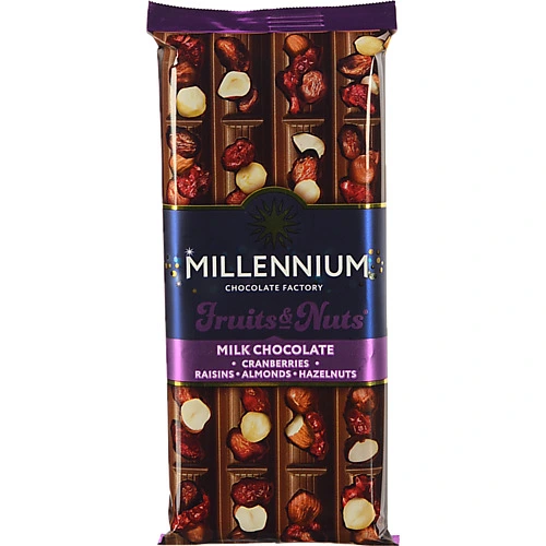 Шоколад молочний з мигдалем цілими лісовими горіхами журавлиною та родзинками Fruits&Nuts Millennium м/у 90г