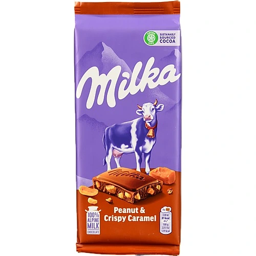 Шоколад молочний з рисовими кульками та пластівцями Peanut&Crispy Caramel Milka м/у 90г
