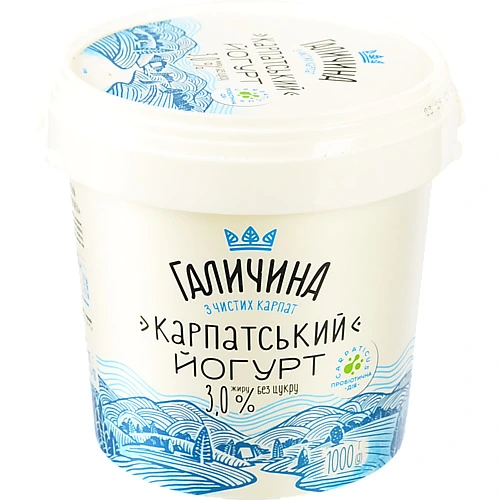 Йогурт Галичина Карпатський 3% жирності, без цукру (відро 1000г)