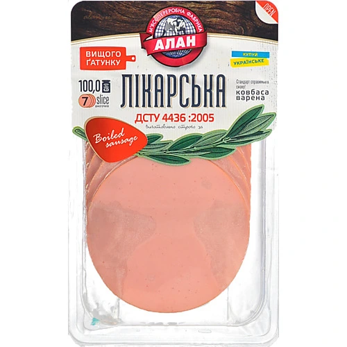 Ковбаса варена Лікарська Алан лоток 100г
