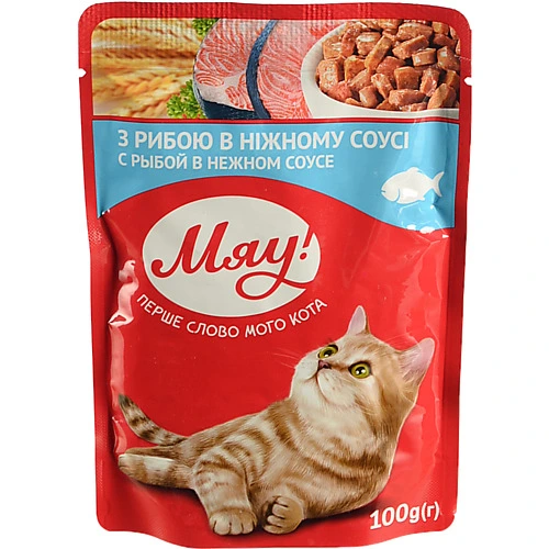 Корм консервований для дорослих котів З рибою в ніжному соусі Мяу! м/у 100г