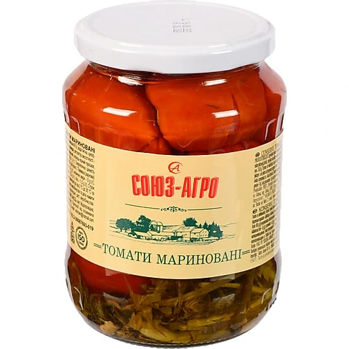 Томати Союз Агро 660г мариновані з зеленю