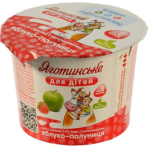 Паста сиркова 3.9% для дітей від 8міс Яблуко-полуниця Яготинське для дітей ст 90г