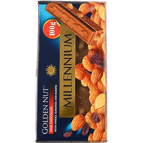 Шоколад молочний з цілим мигдалем та родзинками Golden Nut Millennium к/у 100г