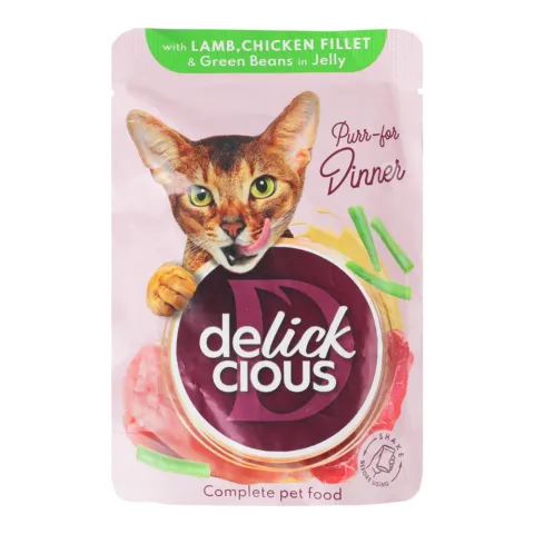 Корм д/котів Delickcious 85 г Шматочки з ягнятиною, курячим філе та квасолею спаржевою в желе